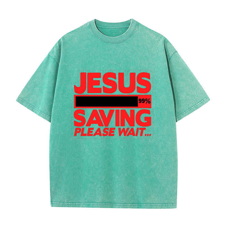 Christianartworkshop Jesus Saving Please Wait Unisex Washed T-shirt - Green - 5XL - image 1