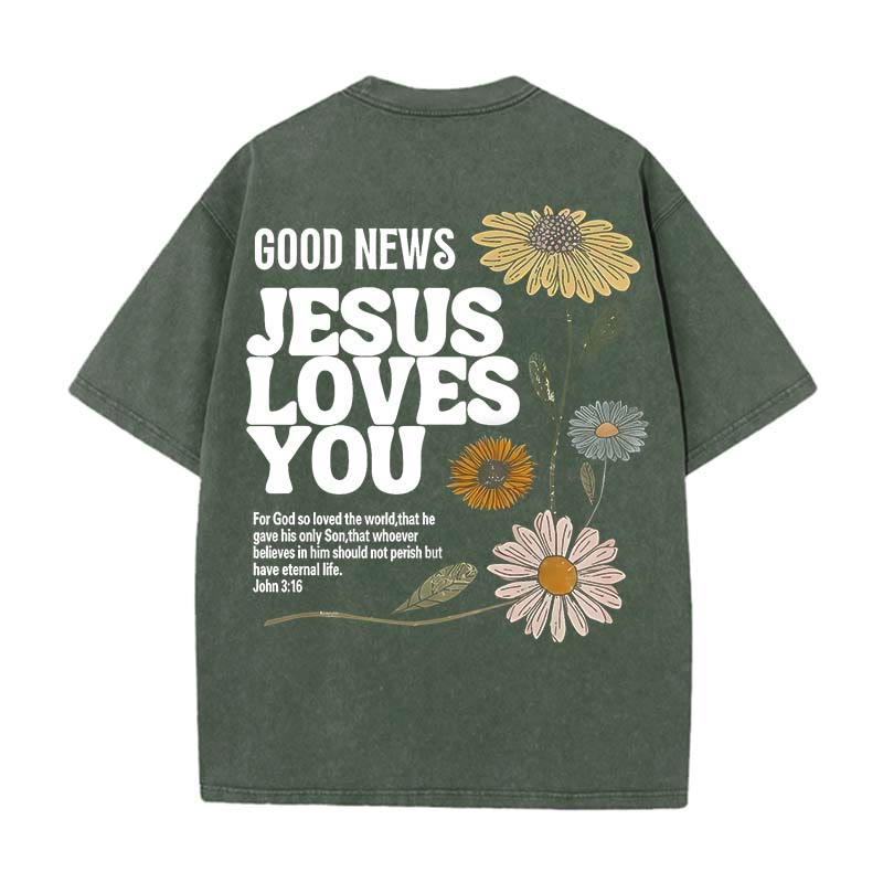 Christianartworkshop Good News Jesus Loves You Unisex Washed T-shirt - Army Green - 5XL - image 14