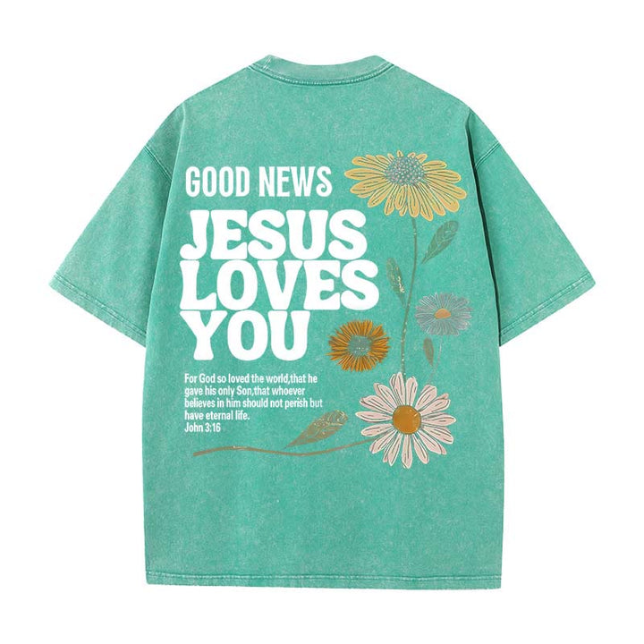 Christianartworkshop Good News Jesus Loves You Unisex Washed T-shirt - Green - 5XL - image 12