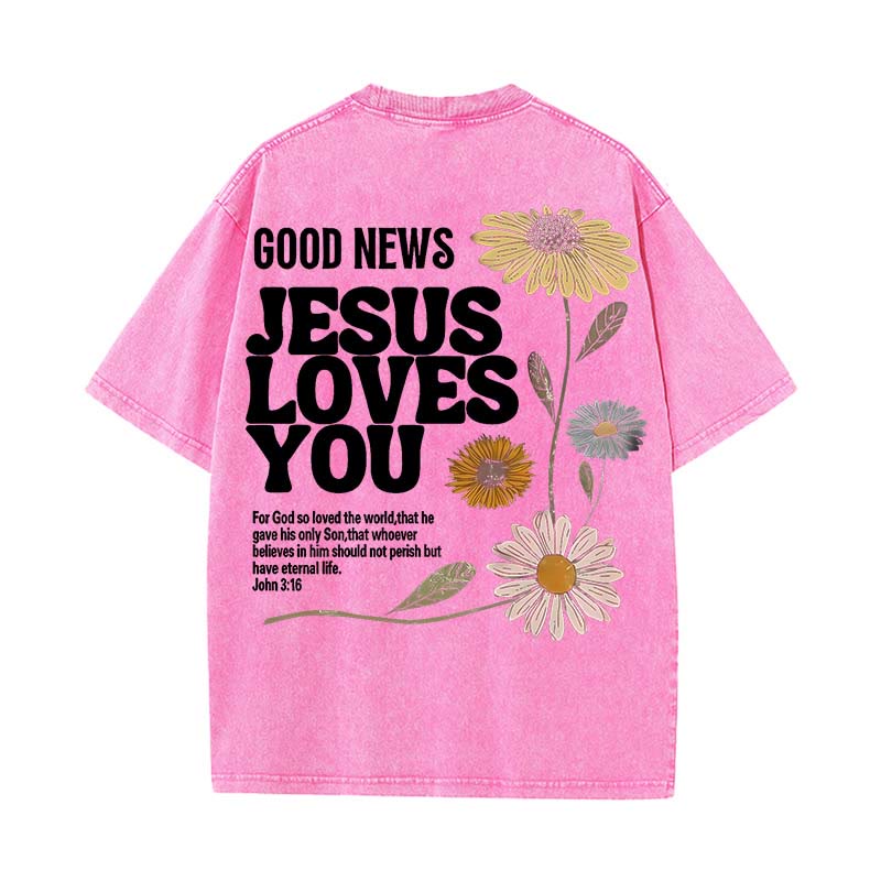 Christianartworkshop Good News Jesus Loves You Unisex Washed T-shirt - Pink - 5XL - image 10