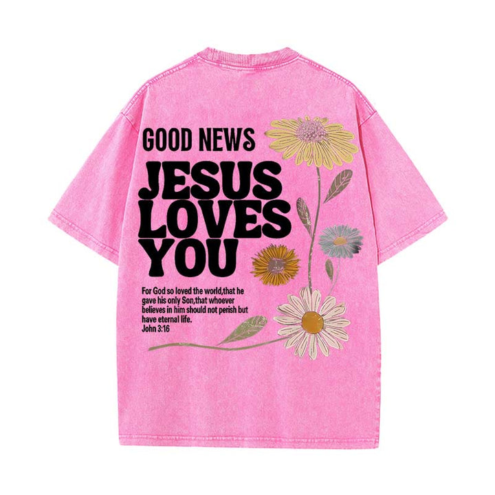 Christianartworkshop Good News Jesus Loves You Unisex Washed T-shirt - Pink - 5XL - image 10