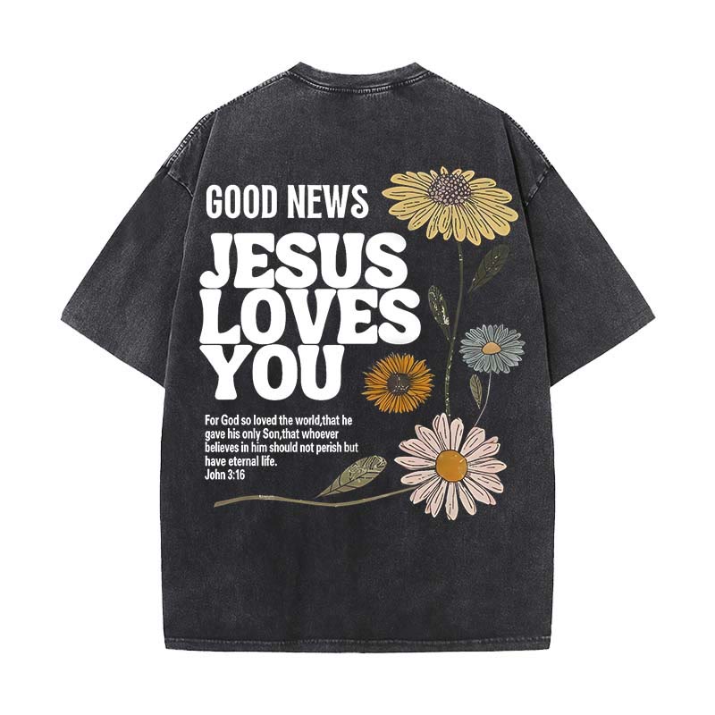 Christianartworkshop Good News Jesus Loves You Unisex Washed T-shirt - Black - 5XL - image 4