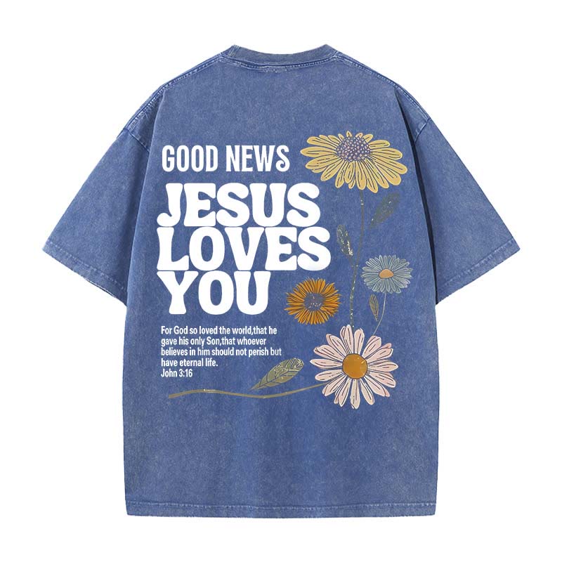 Christianartworkshop Good News Jesus Loves You Unisex Washed T-shirt - Blue - 5XL - image 8