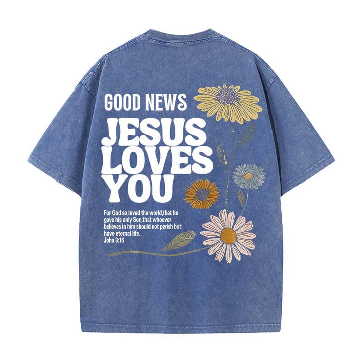Christianartworkshop Good News Jesus Loves You Unisex Washed T-shirt - Blue - 5XL - image 8