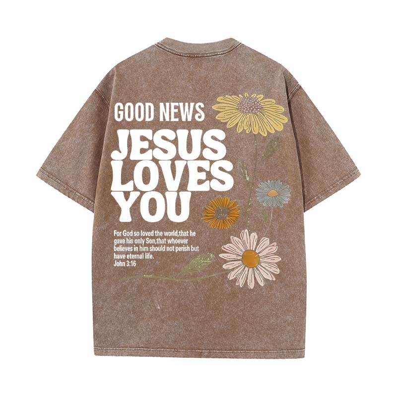 Christianartworkshop Good News Jesus Loves You Unisex Washed T-shirt - Coffee - 5XL - image 20