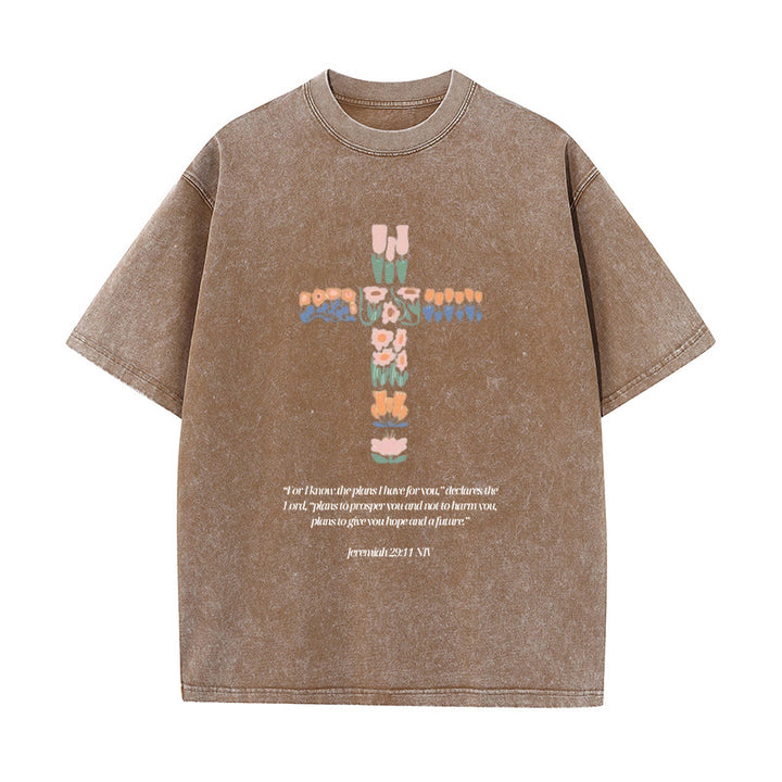 Christianartworkshop Floral Cross with Jeremiah Verse Unisex Washed T-shirt - Coffee - 5XL - image 11