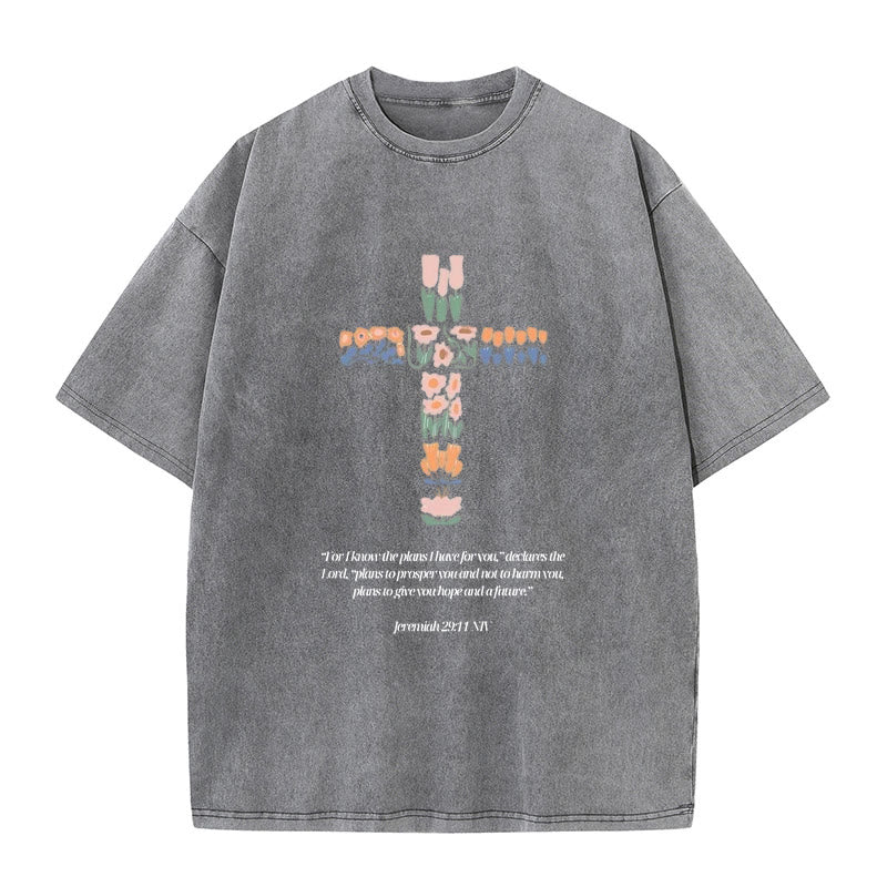 Christianartworkshop Floral Cross with Jeremiah Verse Unisex Washed T-shirt - Grey - 5XL - image 6
