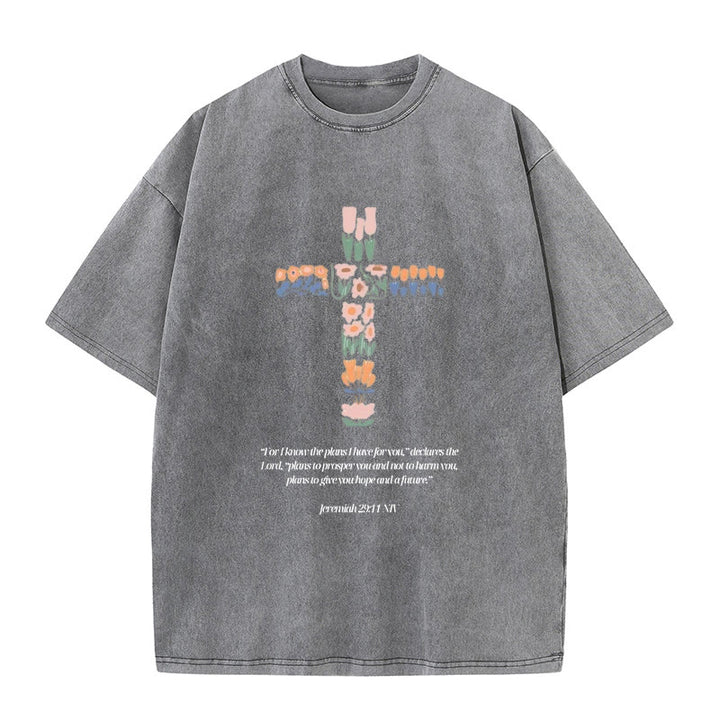 Christianartworkshop Floral Cross with Jeremiah Verse Unisex Washed T-shirt - Grey - 5XL - image 6