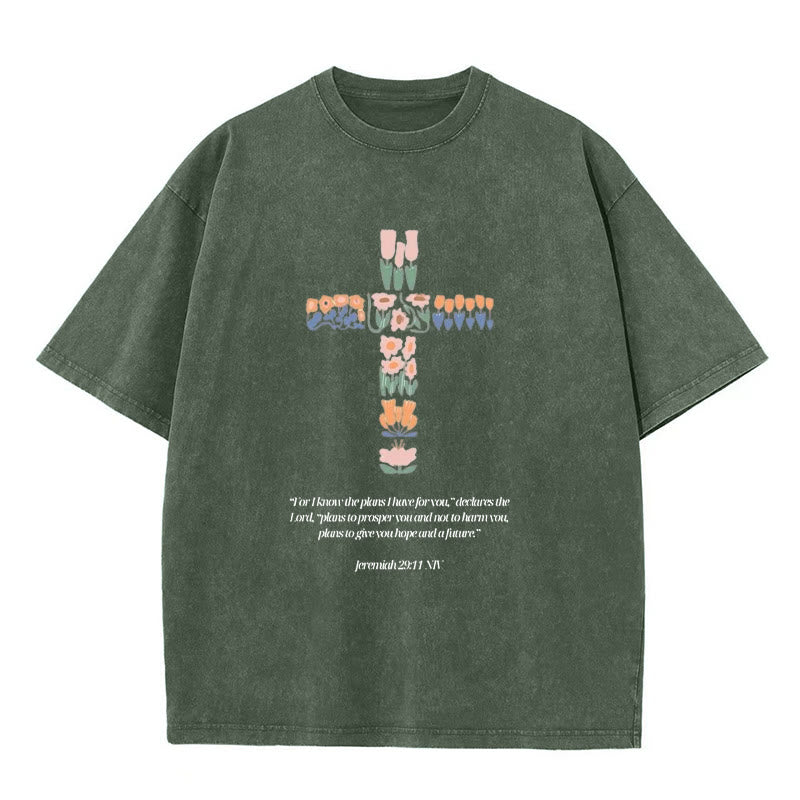 Christianartworkshop Floral Cross with Jeremiah Verse Unisex Washed T-shirt - Army Green - 5XL - image 5