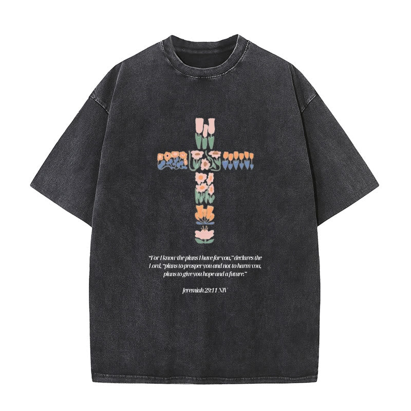Christianartworkshop Floral Cross with Jeremiah Verse Unisex Washed T-shirt - Black - 5XL - image 1