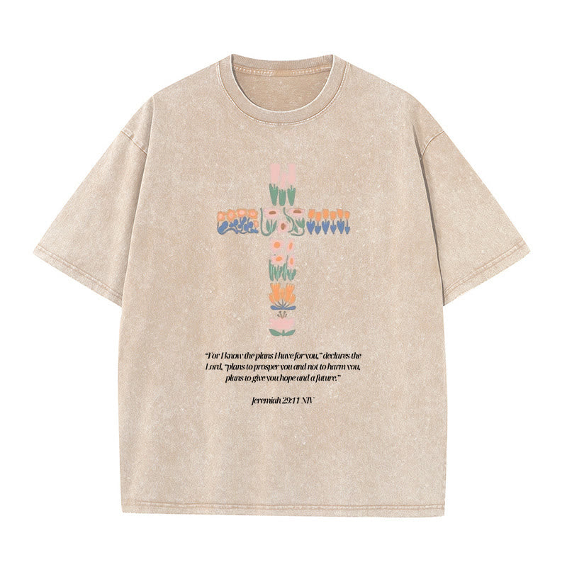Christianartworkshop Floral Cross with Jeremiah Verse Unisex Washed T-shirt - Apricot - 5XL - image 4