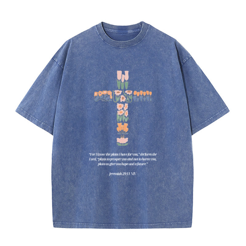Christianartworkshop Floral Cross with Jeremiah Verse Unisex Washed T-shirt - Blue - 5XL - image 10