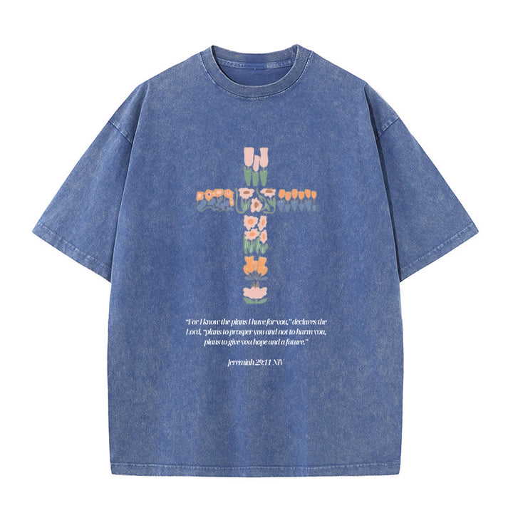 Christianartworkshop Floral Cross with Jeremiah Verse Unisex Washed T-shirt - Blue - 5XL - image 10