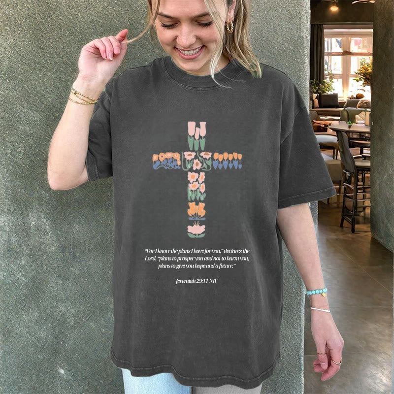 Christianartworkshop Floral Cross with Jeremiah Verse Unisex Washed T-shirt - image 2