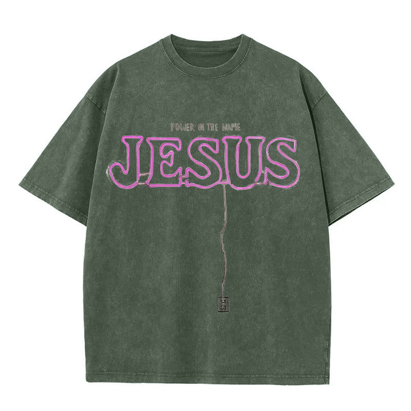 Christianartworkshop Power in the Name Jesus Unisex Washed T-shirt - Army Green - 5XL - image 5