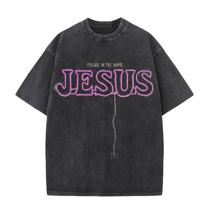 Christianartworkshop Power in the Name Jesus Unisex Washed T-shirt - Black - 5XL - image 1