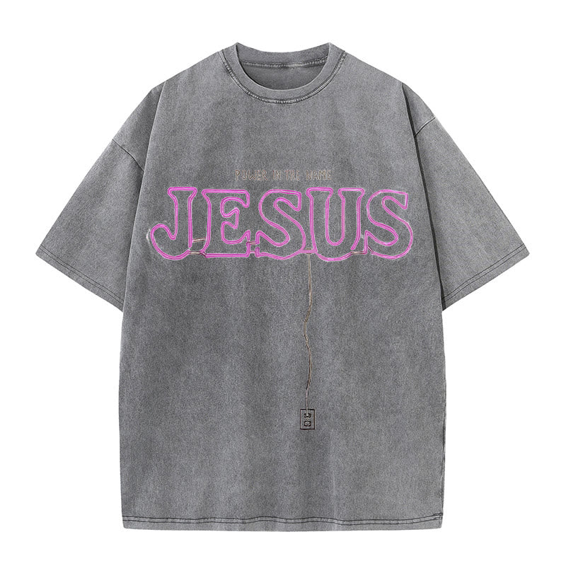 Christianartworkshop Power in the Name Jesus Unisex Washed T-shirt - Grey - 5XL - image 4