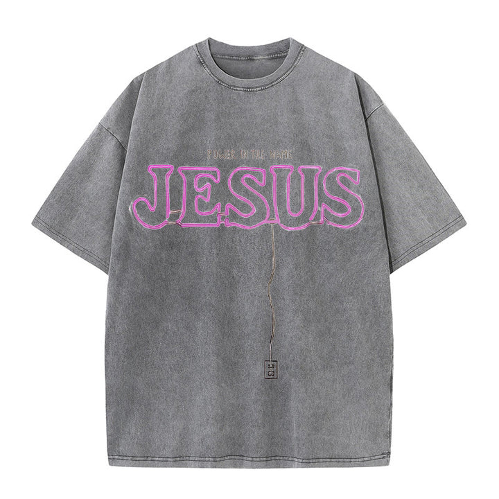 Christianartworkshop Power in the Name Jesus Unisex Washed T-shirt - Grey - 5XL - image 4