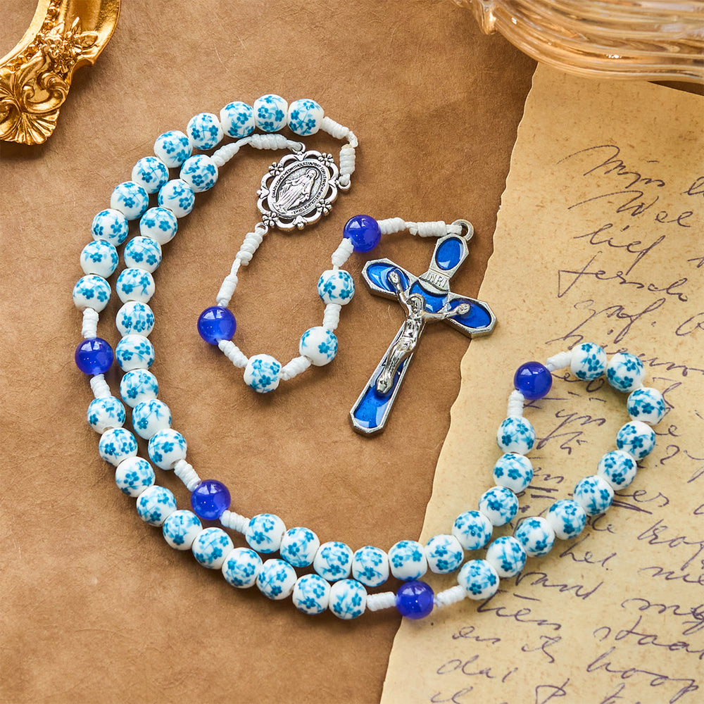 Christianartworkshop Blue Blossom Pattern Beads Rosary with Miraculous Medal & Crucifix: Treasure Blessed Devotion - image 2
