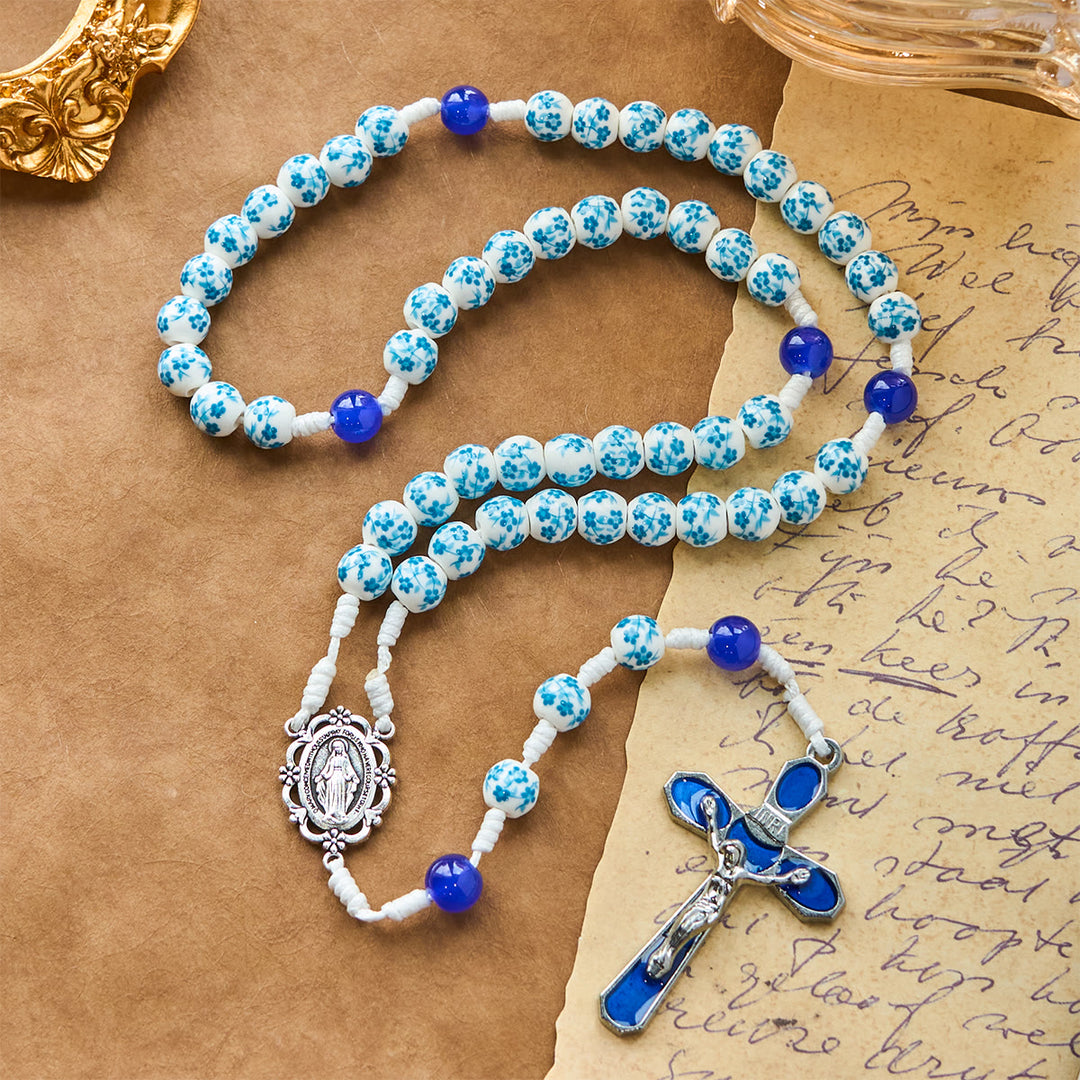 Christianartworkshop Blue Blossom Pattern Beads Rosary with Miraculous Medal & Crucifix: Treasure Blessed Devotion - Miraculous Medal & Crucifix - image 1