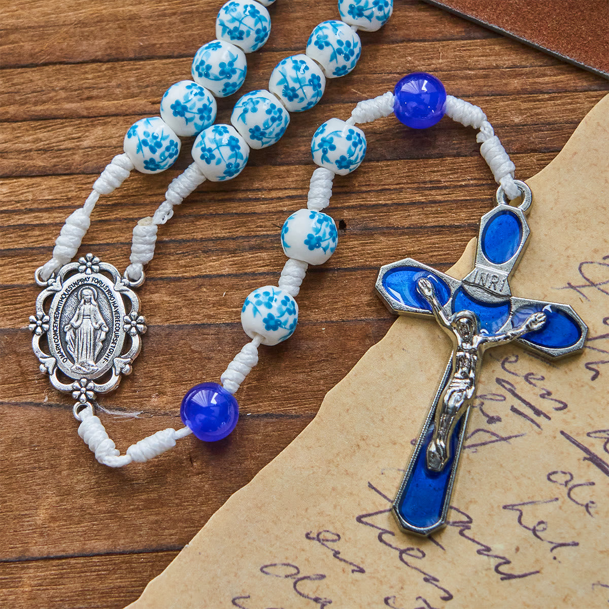 Christianartworkshop Blue Blossom Pattern Beads Rosary with