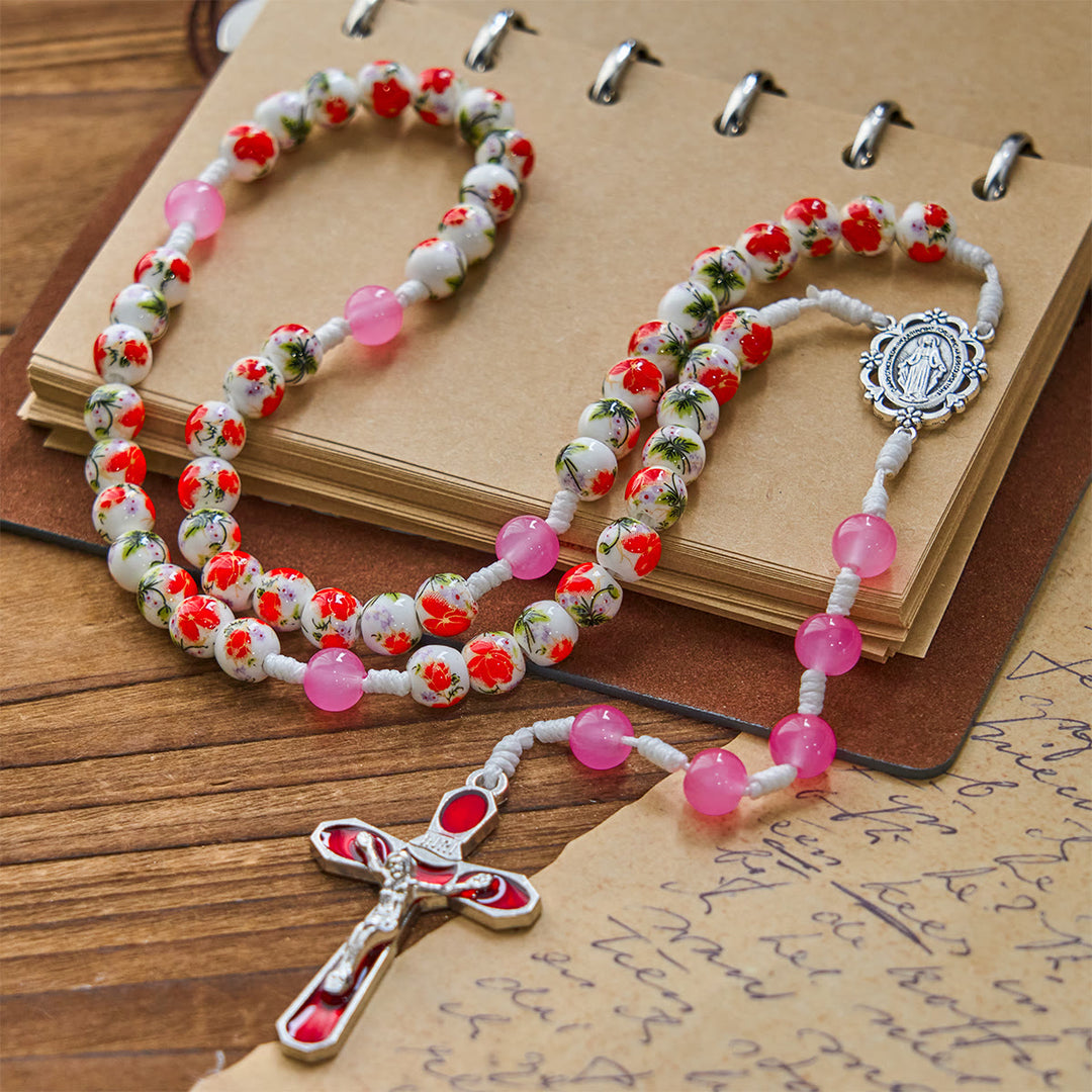 Christianartworkshop 8mm Round Flower Beads Rosary with Miraculous Medal & Red Enamel Crucifix - Miraculous Medal & Crucifix - image 1