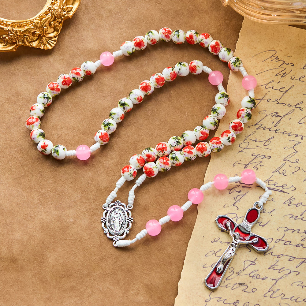 Christianartworkshop 8mm Round Flower Beads Rosary with Miraculous Medal & Red Enamel Crucifix - image 2
