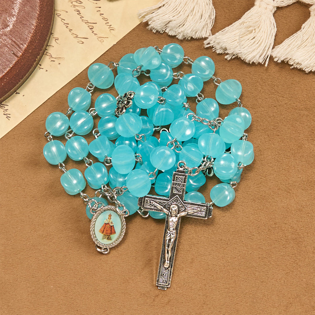 Christianartworkshop Rose Alloy Chain Blue Cube Beads Rosary with Our Lady Icon & Crucifix