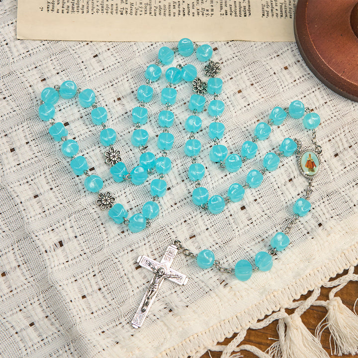 Christianartworkshop Rose Alloy Chain Blue Cube Beads Rosary with Our Lady Icon & Crucifix