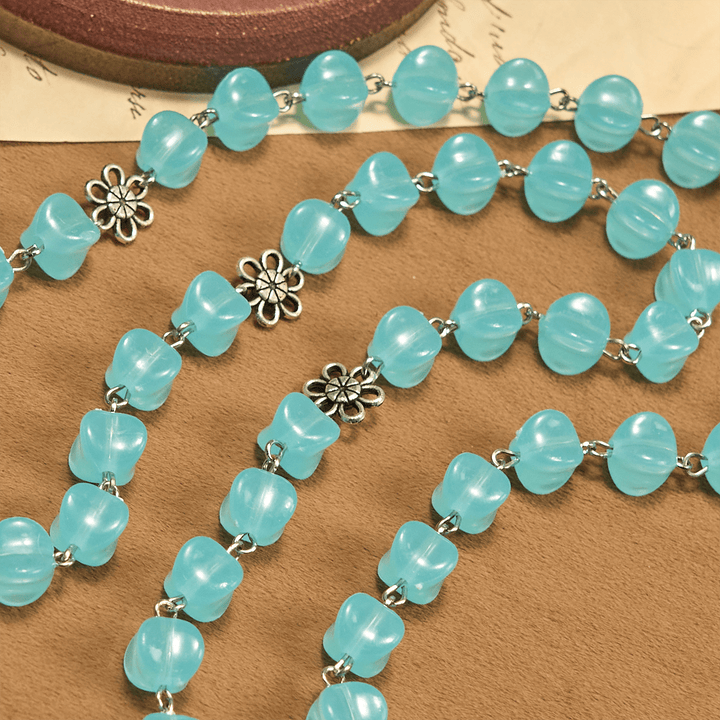 Christianartworkshop Rose Alloy Chain Blue Cube Beads Rosary with Our Lady Icon & Crucifix