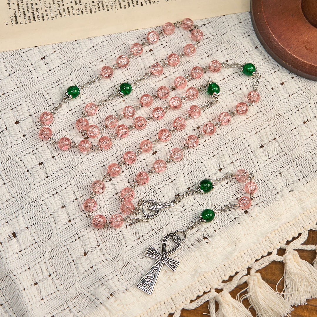 Christianartworkshop Inclusive Clear Sparkling Pink Glass Beads Alloy Chain Rosary with Our Lady & Ankh Cross