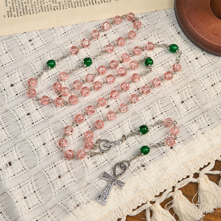 Christianartworkshop Inclusive Clear Sparkling Pink Glass Beads Alloy Chain Rosary with Our Lady & Ankh Cross