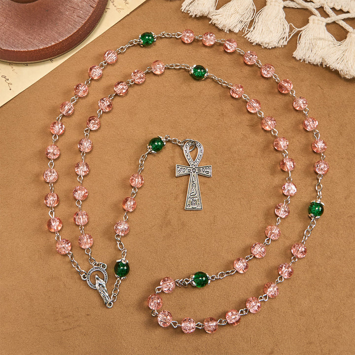 Christianartworkshop Inclusive Clear Sparkling Pink Glass Beads Alloy Chain Rosary with Our Lady & Ankh Cross