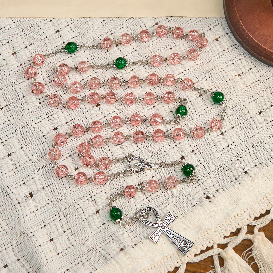 Christianartworkshop Inclusive Clear Sparkling Pink Glass Beads Alloy Chain Rosary with Our Lady & Ankh Cross