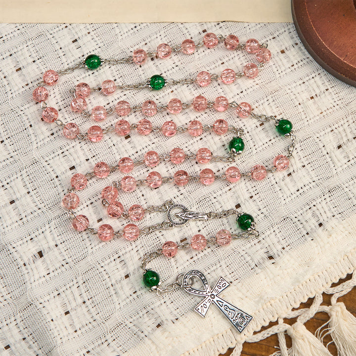Christianartworkshop Inclusive Clear Sparkling Pink Glass Beads Alloy Chain Rosary with Our Lady & Ankh Cross