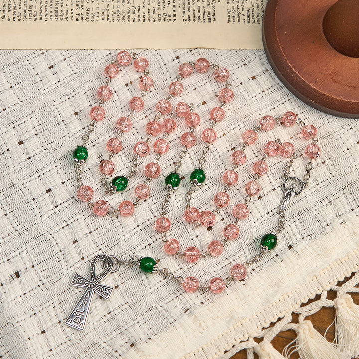 Christianartworkshop Inclusive Clear Sparkling Pink Glass Beads Alloy Chain Rosary with Our Lady & Ankh Cross