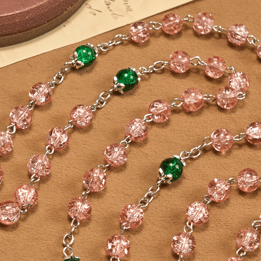 Christianartworkshop Inclusive Clear Sparkling Pink Glass Beads Alloy Chain Rosary with Our Lady & Ankh Cross