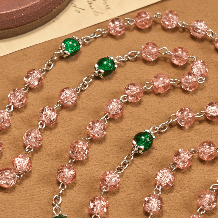Christianartworkshop Inclusive Clear Sparkling Pink Glass Beads Alloy Chain Rosary with Our Lady & Ankh Cross