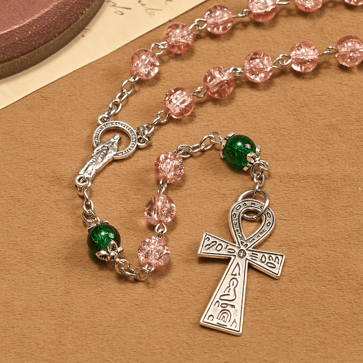 Christianartworkshop Inclusive Clear Sparkling Pink Glass Beads Alloy Chain Rosary with Our Lady & Ankh Cross