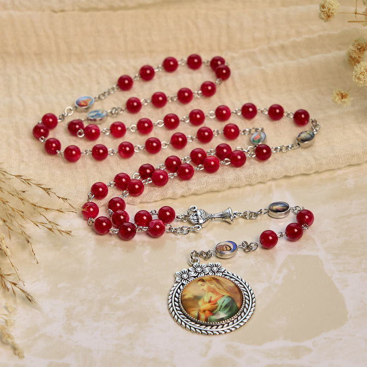 Christianartworkshop Elegant Burgundy 8mm Round Beads Rosary with Flower Carved Our Lady Medal & Holy Grail - image 4