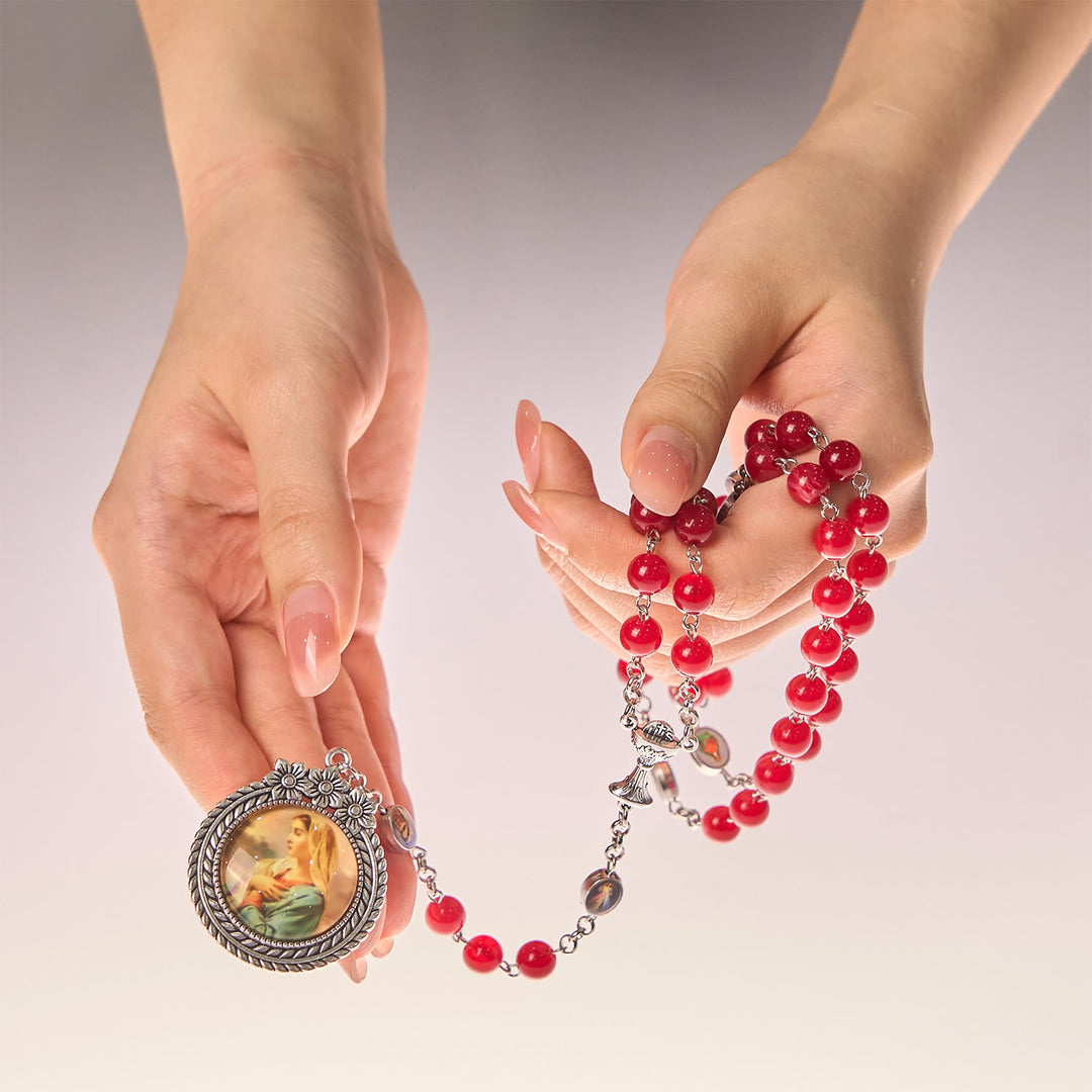 Christianartworkshop Elegant Burgundy 8mm Round Beads Rosary with Flower Carved Our Lady Medal & Holy Grail - image 9