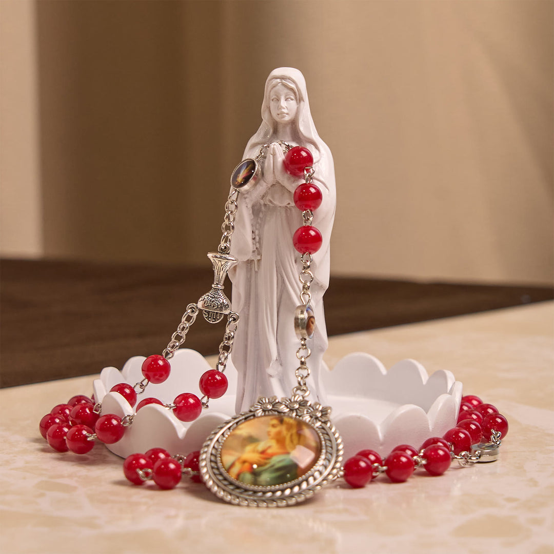 Christianartworkshop Elegant Burgundy 8mm Round Beads Rosary with Flower Carved Our Lady Medal & Holy Grail - image 6
