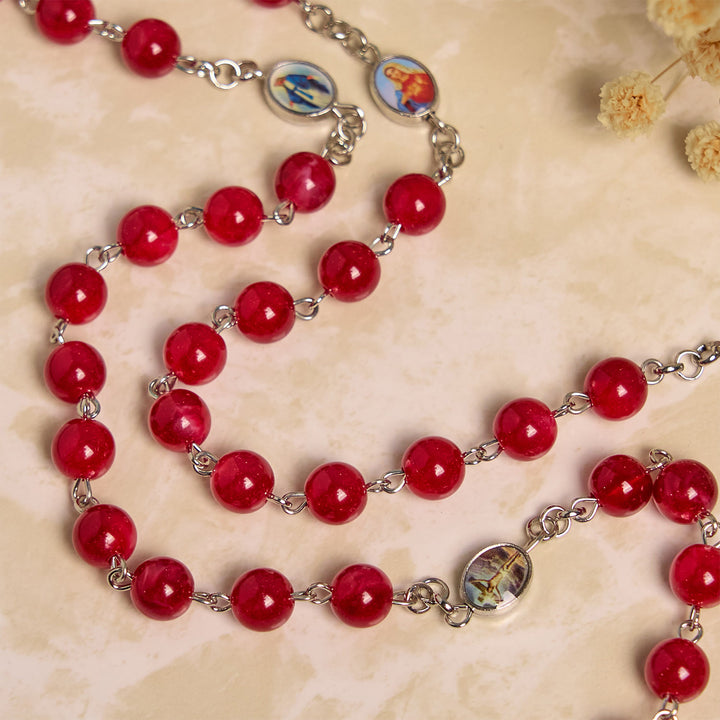 Christianartworkshop Elegant Burgundy 8mm Round Beads Rosary with Flower Carved Our Lady Medal & Holy Grail - image 8