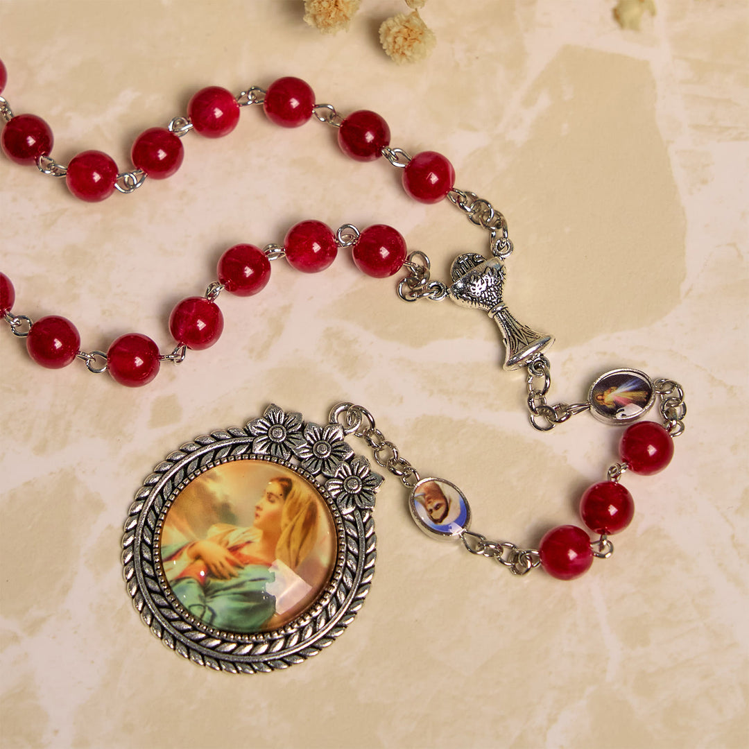 Christianartworkshop Elegant Burgundy 8mm Round Beads Rosary with Flower Carved Our Lady Medal & Holy Grail - image 7