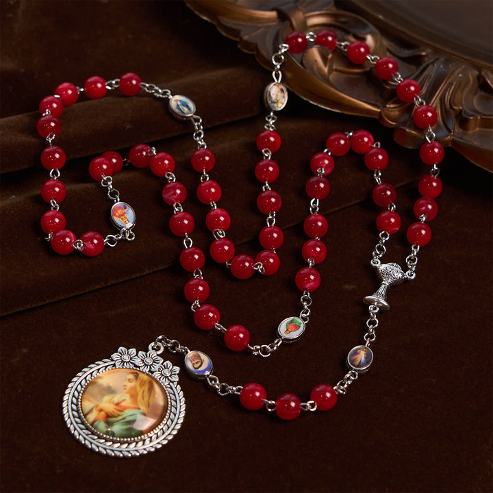 Christianartworkshop Elegant Burgundy 8mm Round Beads Rosary with Flower Carved Our Lady Medal & Holy Grail - image 5