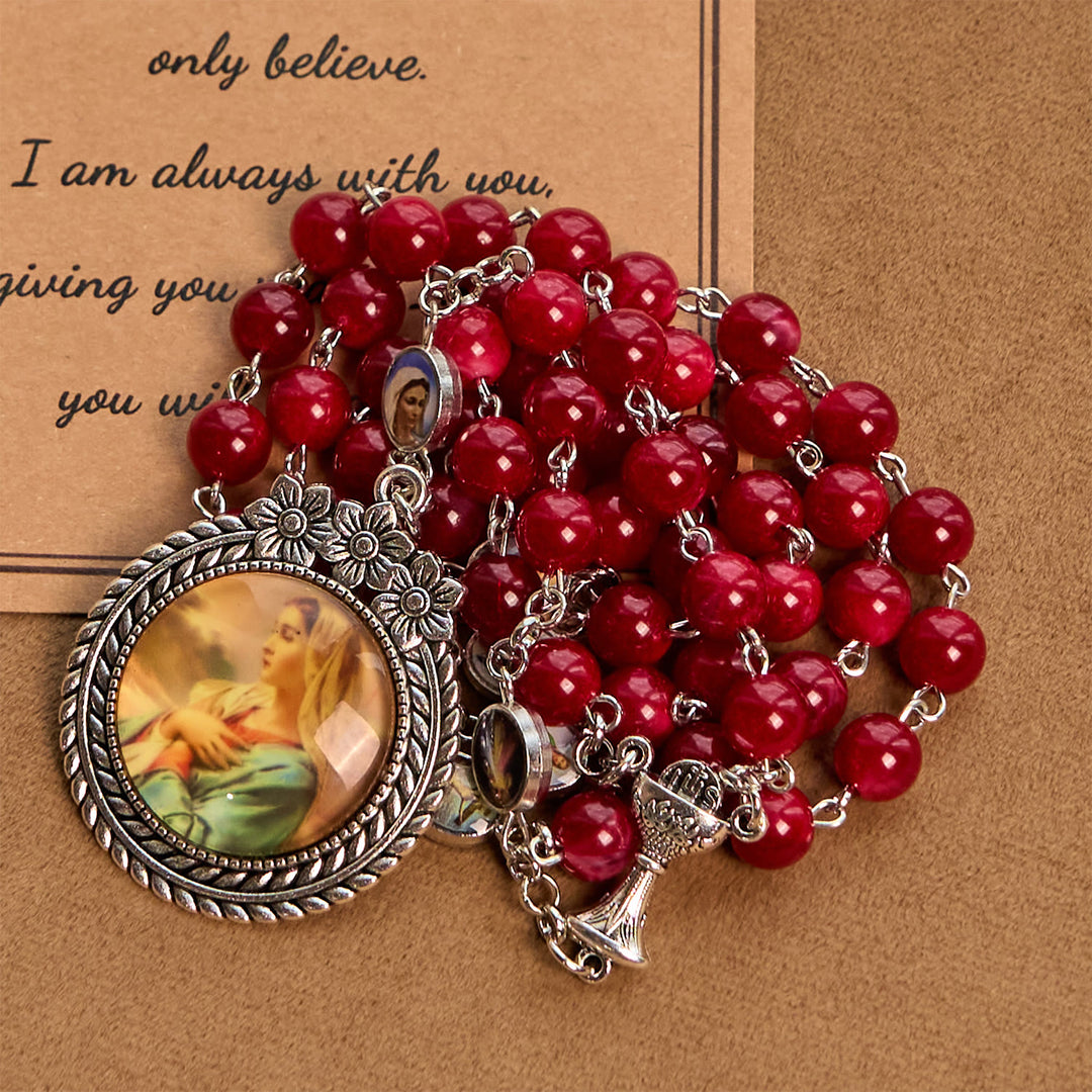 Christianartworkshop Elegant Burgundy 8mm Round Beads Rosary with Flower Carved Our Lady Medal & Holy Grail - image 3