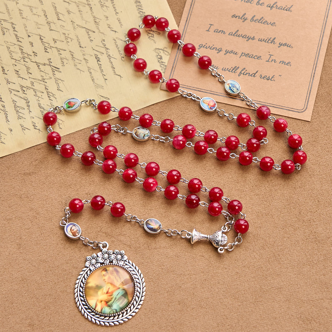 Christianartworkshop Elegant Burgundy 8mm Round Beads Rosary with Flower Carved Our Lady Medal & Holy Grail - image 2