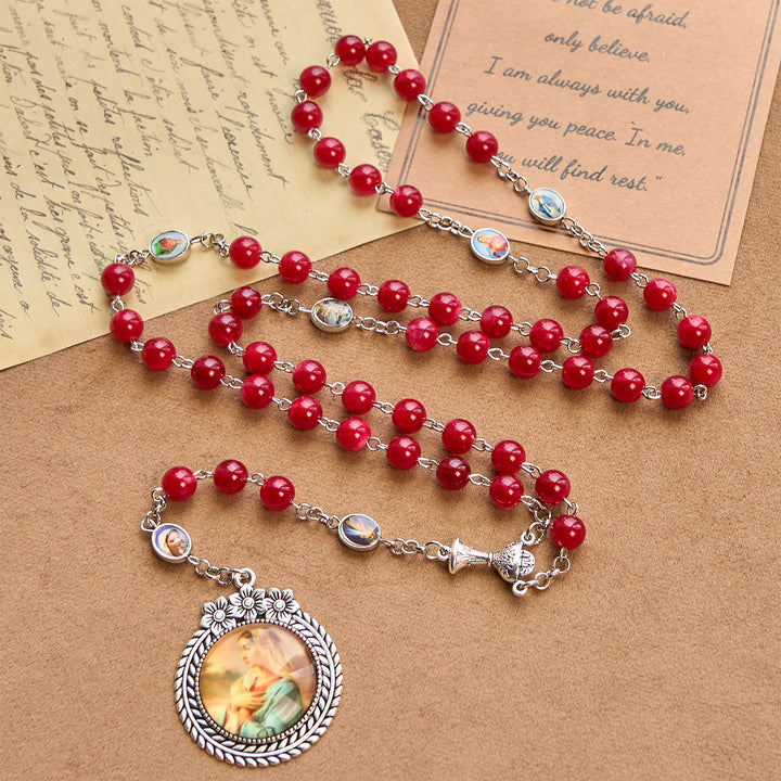 Christianartworkshop Elegant Burgundy 8mm Round Beads Rosary with Flower Carved Our Lady Medal & Holy Grail - image 2