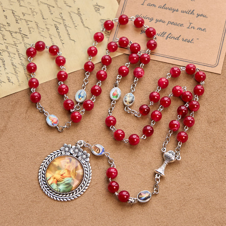 Christianartworkshop Elegant Burgundy 8mm Round Beads Rosary with Flower Carved Our Lady Medal & Holy Grail - Our Lady & Holy Grail - image 1