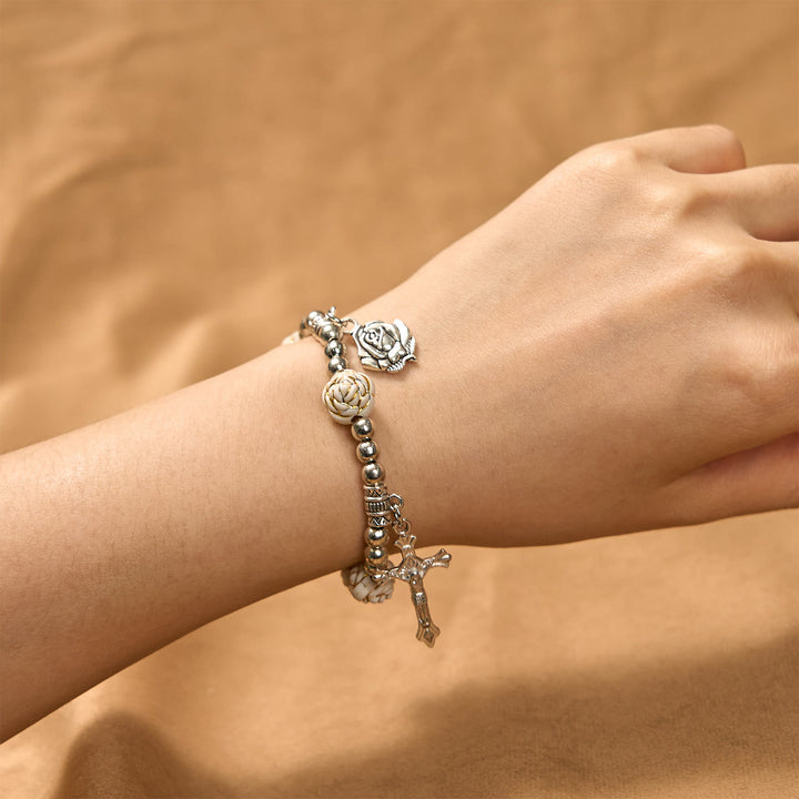 Christianartworkshop Artistically Sculpted 10mm White Rose Bead Bracelet with Crucifix: Edgy Spiritual Blossom - image 8